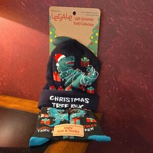 NWT Legale Ugly Christmas Party Collection Hat (Lights Up) and Socks Tree T Rex